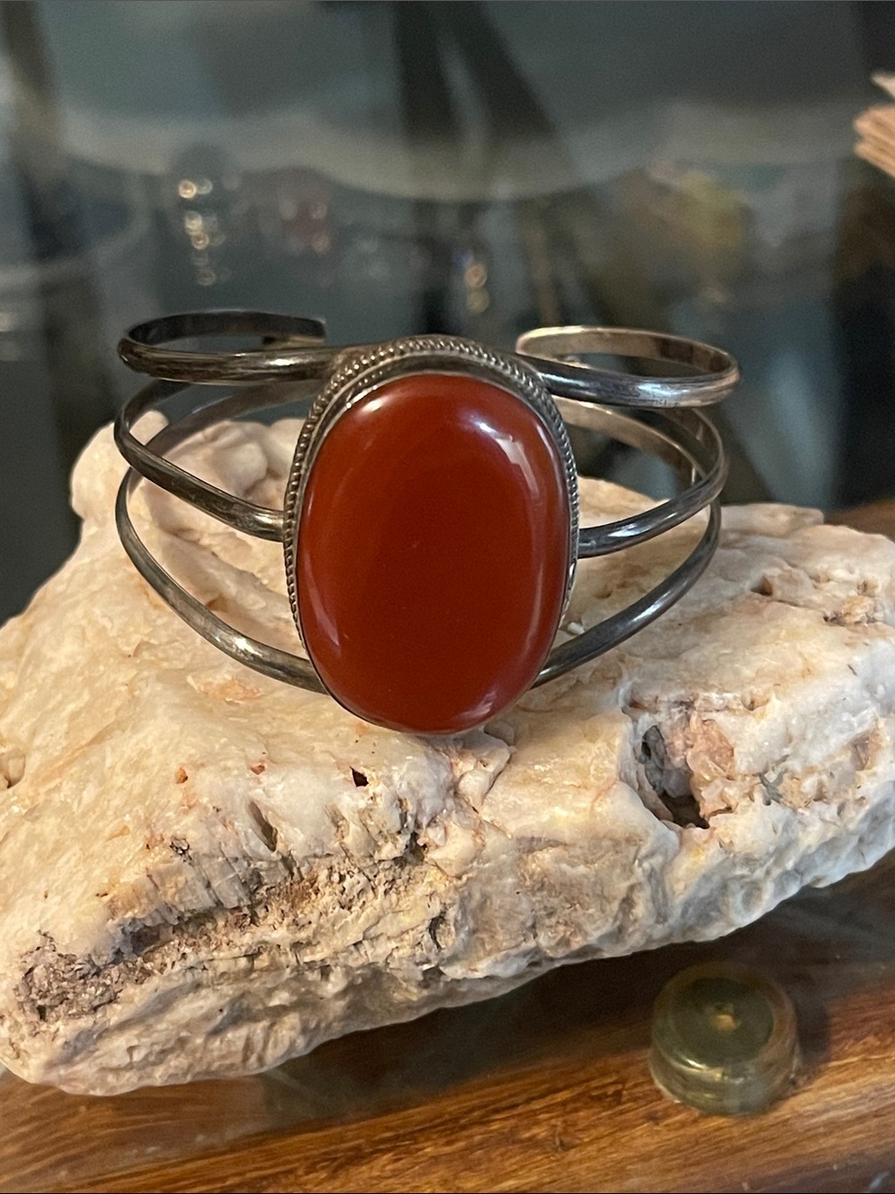 Sterling Silver Cuff Bracelet with Red Carnelian Stone